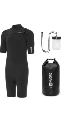 2024 Nyord Mens Tempus 2/2mm Chest Zip Shorty Wetsuit & 20L Dry Bag & Key Case Bundle MTEMP01 - Black