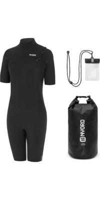 2023 Nyord Womens Tempus 2/2mm Chest Zip Shorty Wetsuit & 20L Dry Bag & Key Case Bundle WTEMP01 - Musta