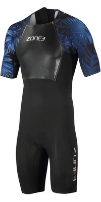2024 Zone3 Hombres Tropical Palm Back Zip Shorty Swimskin SS21MWTC101 - Black / Blue