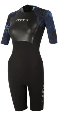 2024 Zone3 Dames Tropical Palm Rug Ritssluiting Shorty Swimskin SS21WWTC101 - Black / Blue