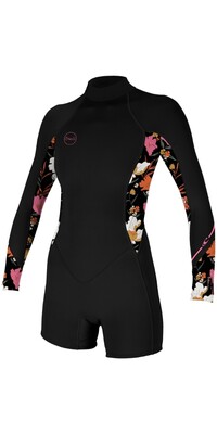 2024 O'Neill Womens Bahia 2/1mm Long Sleeve Back Zip Shorty Wetsuit 5291 - Black / Bluemchen