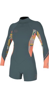 2024 O'Neill Womens Bahia 2/1mm Long Sleeve Back Zip Shorty Wetsuit 5291 - Shade / Arta Geo / Burnt Coal