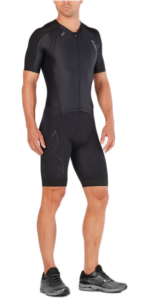 2018 2XU Compresión Full Zip manga corta Trisuit NEGRO / NEGRO MT4838d