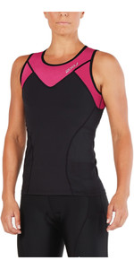 2018 2XU Womens Active Tri Singlet BLACK / RETRO PINK PEACOCK WT4866a
