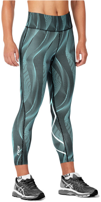2XU Womens Mid-Rise Print 7/8 Compression Tights ARUBA VERTICAL CURVE WA4629b | Watersports Outlet