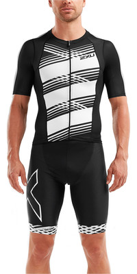 2019 2XU Mens Compression Short Sleeve Top Black / White Lines MT5518a