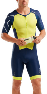 2019 2XU Herre Udfør Front Zip Short Sleeve Trisuit Navy / Limade MT5525d