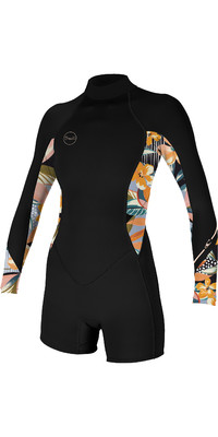 2023 O'Neill Women Bahia 2/1mm Long Sleeve Back Zip Shorty Wetsuit 5291 - Black / Demiflor
