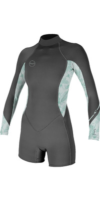 2023 O'Neill Women Bahia 2/1mm Long Sleeve Back Zip Shorty Wetsuit 5291 - Graphite / Mirage tropical