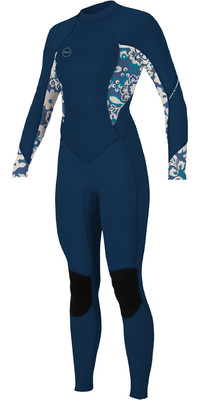 2023 O'Neill Dames Bahia 3/2mm Rug Ritssluiting Wetsuit 5292 - French Navy / Crisflor
