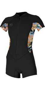 2023 O'neill Vrouwen Bahia 2/1mm Front Zip Shorty Wetsuit 5293 - Zwart / Demiflor