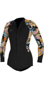 2023 O'neill Vrouwen Bahia 2/1mm Front Zip Lange Mouw Spring Shorty Wetsuit 5363 - Zwart / Demiflor