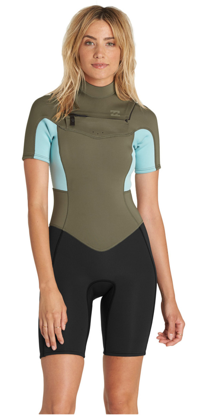 Billabong Dames Synergy 2mm Chest Zip Shorty Wetsuit Moss H42g05