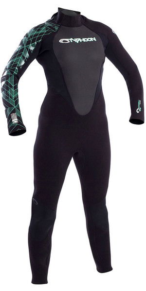 2019 Typhoon Womens Storm 3/2mm Back Zip Wetsuit Black / Aqua Green 250883