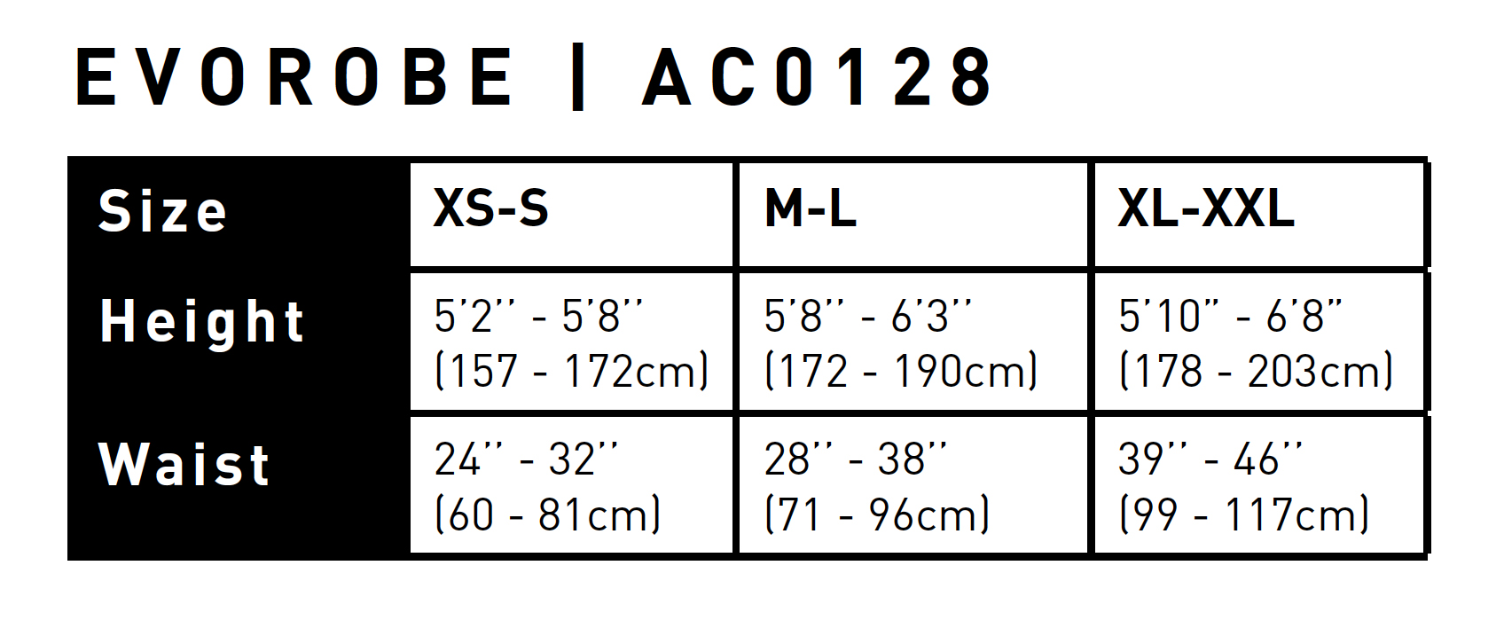Gul EvoRobe Adult Size 2021 0 Grentabelle