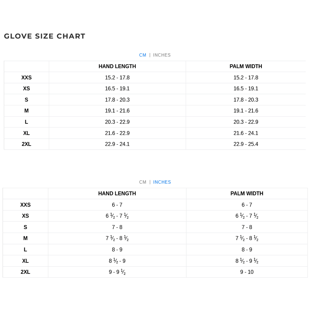 Xcel Gloves 22 0 Size Chart