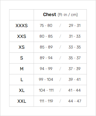 Mystic Mens Impact Vests 0 Size Chart